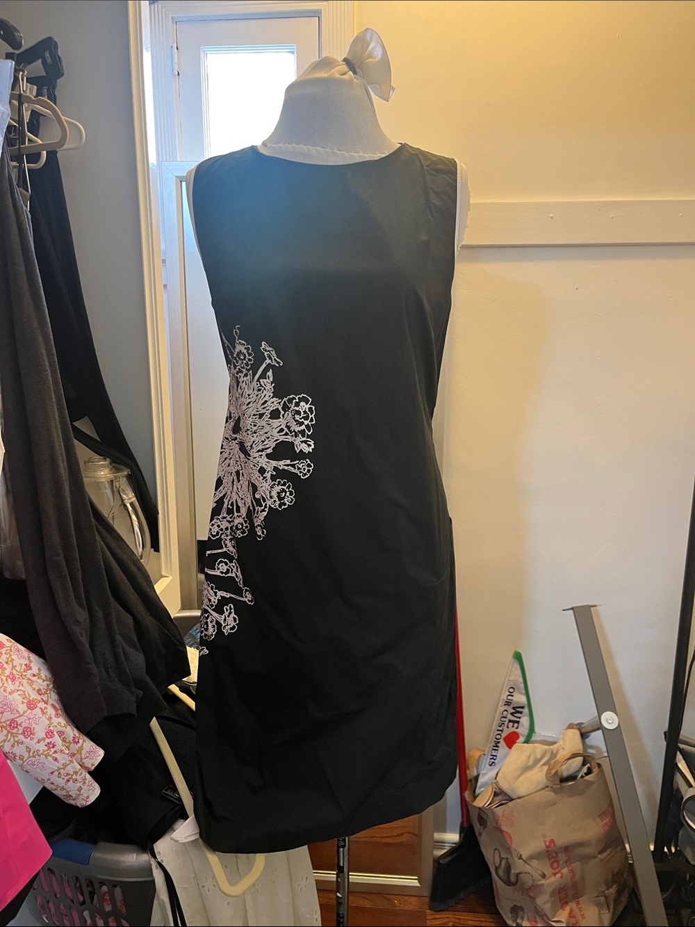 DKNY Black Sleeveless Shift Dress with White Floral Appliqué